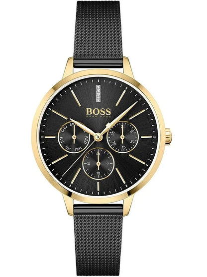 Hugo Boss Womens 1502601 Symphony Gold Tone And Black Mesh Bracelet Watch