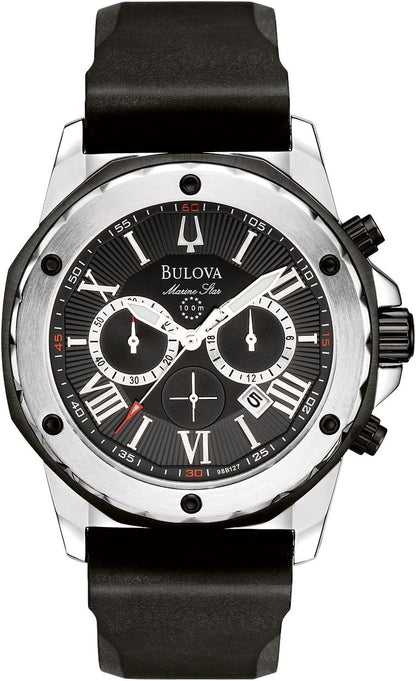 Bulova Marine Star Chronograph Black Dial Black Rubber Strap Watch For Men 98b127