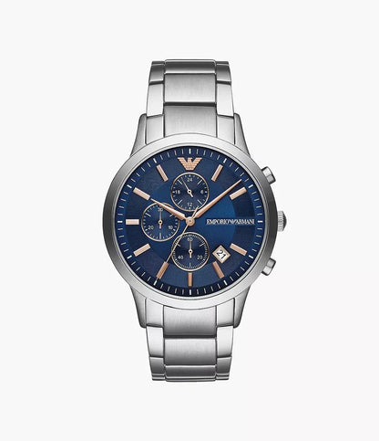 Emporio Armani Mens Ar11458 Rose Gold Tone Stainless Steel And Blue Leather Watch