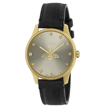Gucci G Timeless Gold Tone Black Leather Quartz Watch Ya1264181