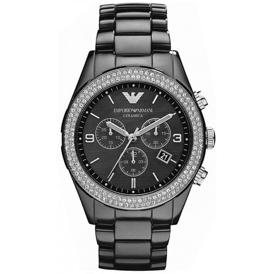 Emporio Armani Ar1455 Ladies Chronograph Ceramica Crystal Black Watch