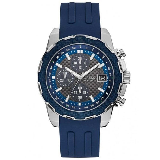 Guess Watches Guess Gents Silver Watch Blue Trim Grey Dial Blue Textured Silicone Strap W1047g2