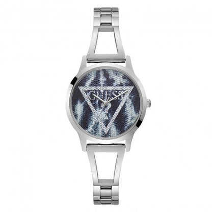 Guess Watches Guess Ladies Silver Blue Acid Denim Logo Dial Watch W1145l1