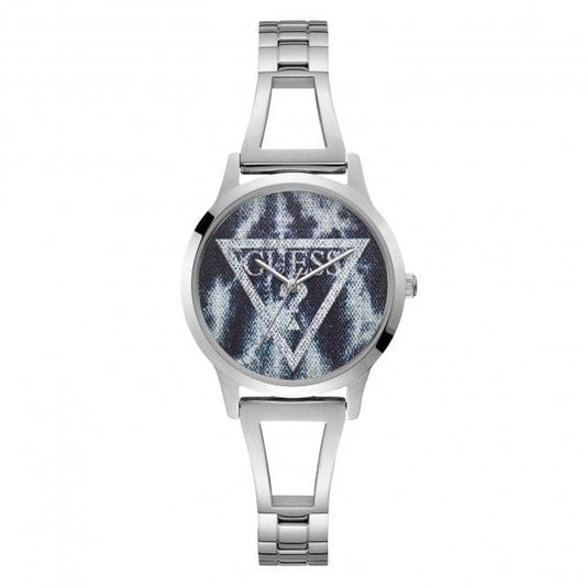 Guess Watches Guess Ladies Silver Blue Acid Denim Logo Dial Watch W1145l1
