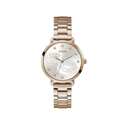 Guess Watches Ladies Rose Gold Sparkling Rose Steel Floral Print Watch Gw0242l3