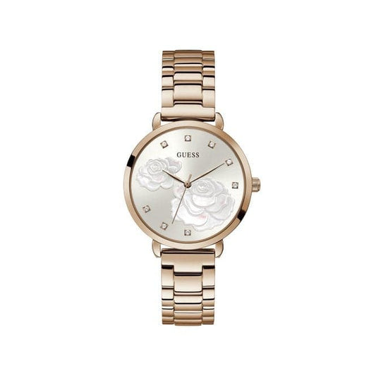 Guess Watches Ladies Rose Gold Sparkling Rose Steel Floral Print Watch Gw0242l3