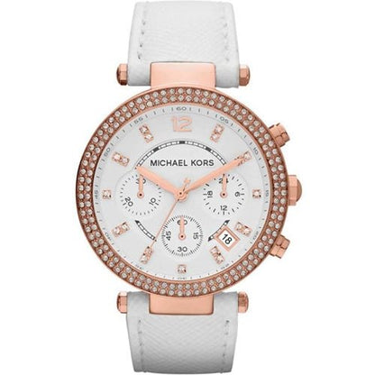 Michael Kors Mk2281 Ladies Parker Rose Gold White Leather Chronograph Watch